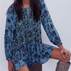 Free People Blue Floral Long Sleeve Dress